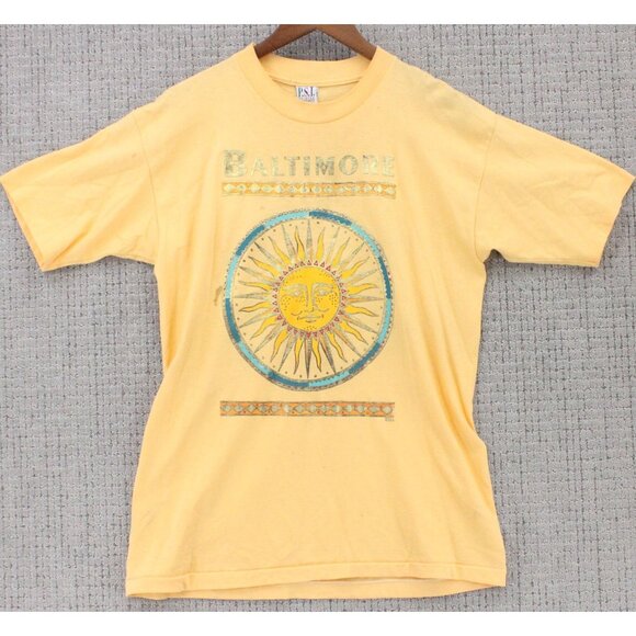 Vintage P.S.I Shirt Mens Large Yellow Short Sleeve Baltimore Sun Graphic Art Y2k - Picture 1 of 9